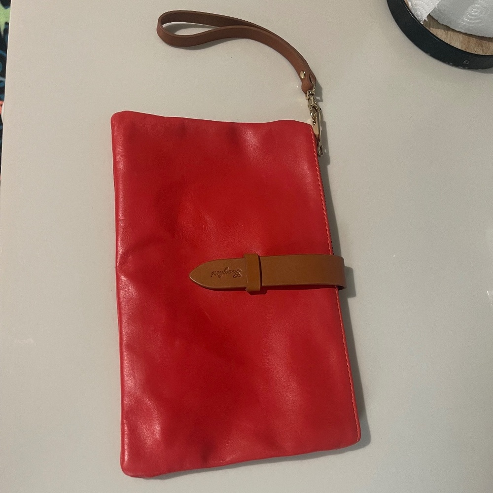 Garuglieri Genuine Leather Wristlet Clutch – Red/Coral with Tan Strap